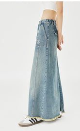 MessAgeLab-Women's vintage senior sense mid-length work skirt casual versatile torn seam denim half skirt